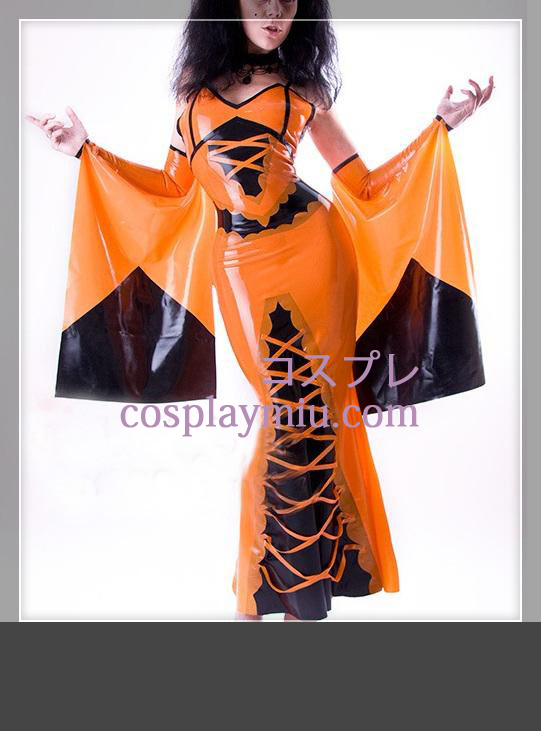 Black and Orange Long Sleeves Female Latex One-piece Dress