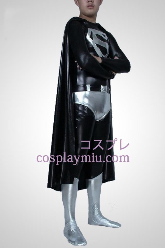 Black And White Shiny Metallic Superman Superhero Zentai