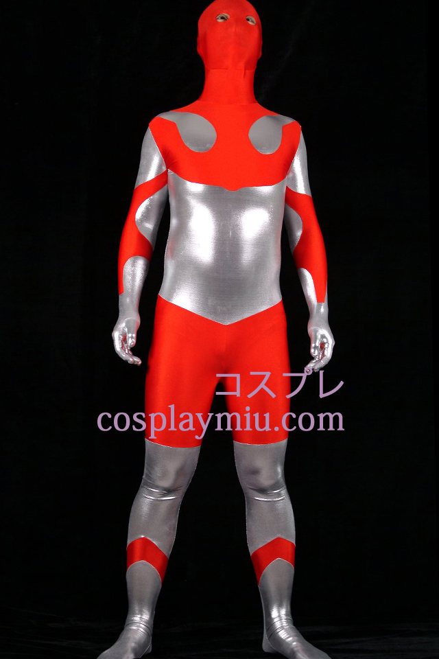 Red Lycra Spandex And Silver Shiny Metallic Unisex Zentai Suit