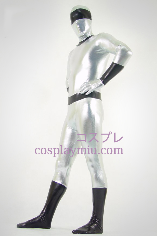 Silver And Black Shiny Metallic Zentai Suit