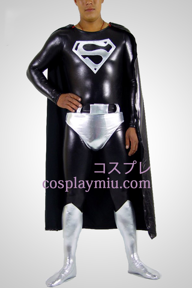 Black And Silver Superman Shiny Metallic Superhero Zentai